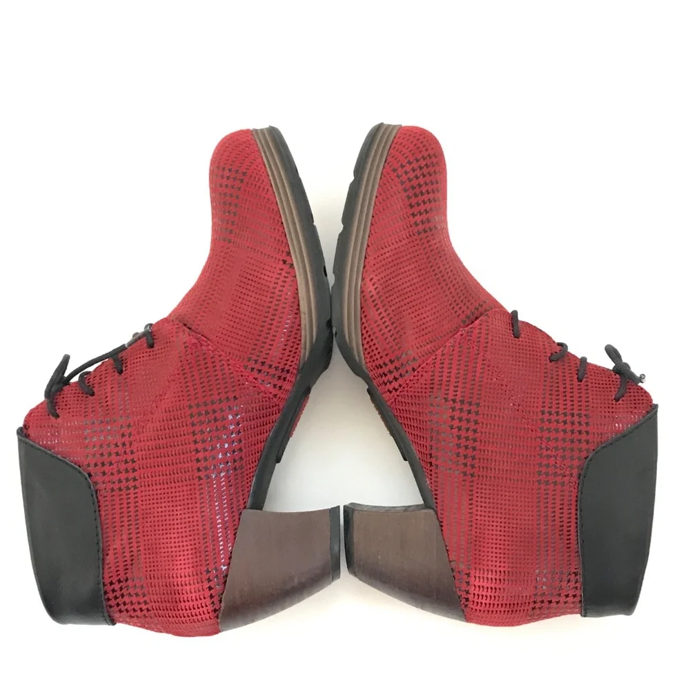 WOLKY Suede Lace-Up Booties Red Black Jacquerie Heeled Boots Women’s Size 9.5